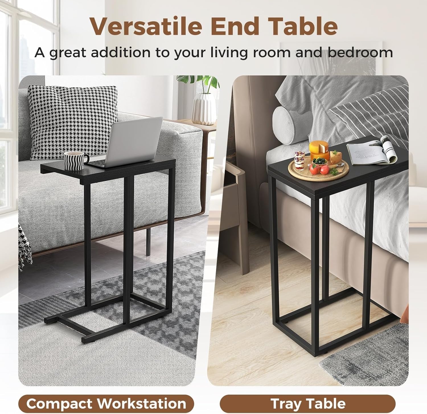 C-Shaped Side Table Black | Industrial Sofa Snack Laptop Table for Small Spaces