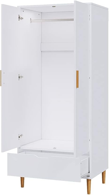 White 2 Door Wardrobe with Drawer & Rail – Modern Tall Clothes Storage
