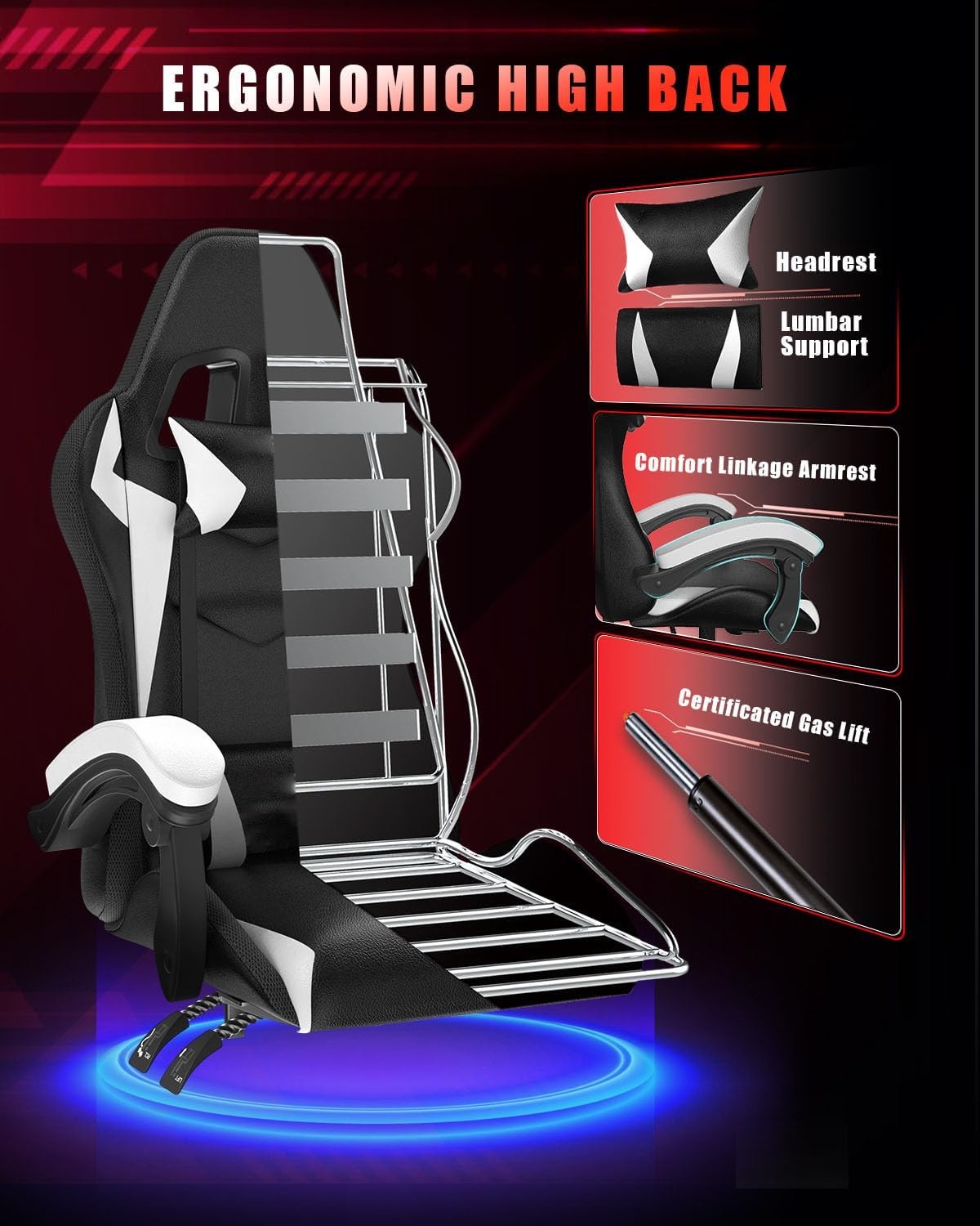 Ergonomic Gaming Chair with LED Lights & Lumbar Support – White