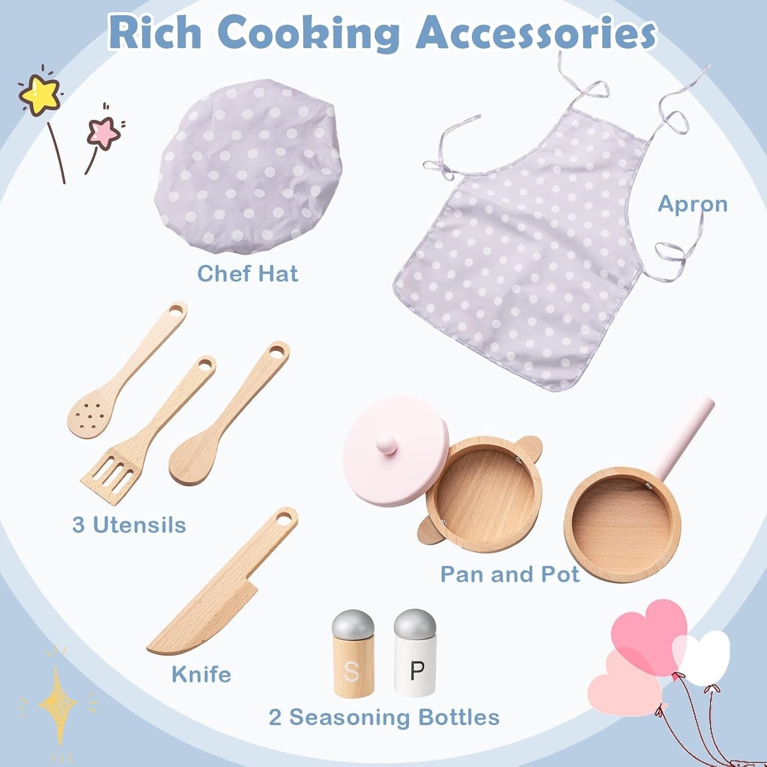 Wooden Kids Play Kitchen Blue Lights Sounds Oven Chef Toy Set