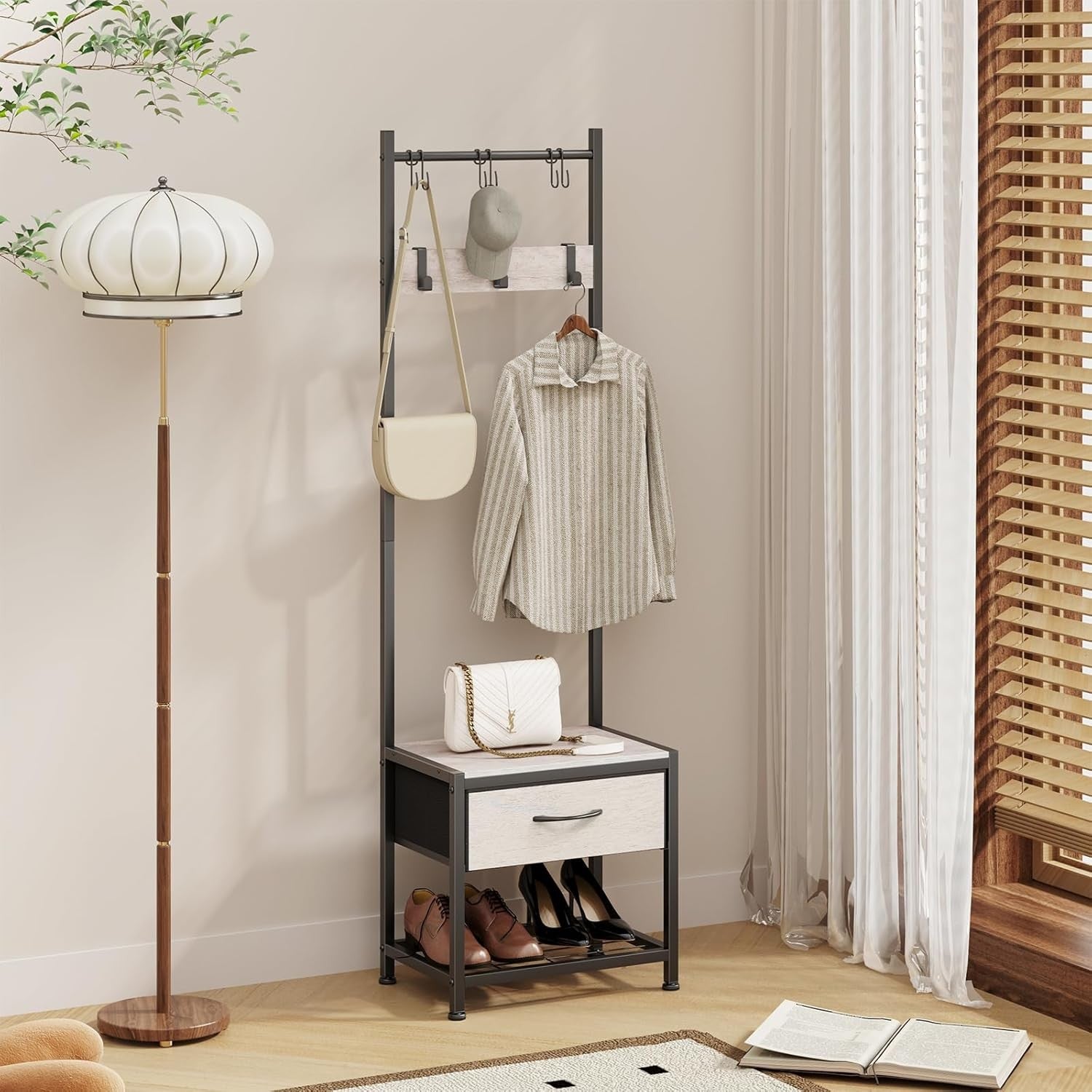 Narrow Coat Rack with Drawer & Shoe Bench | Greige Industrial Hall Stand