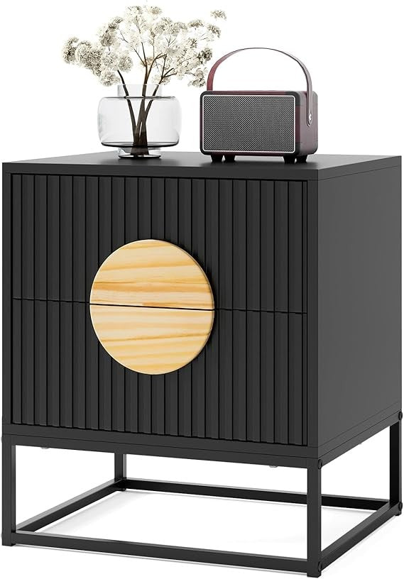 Modern Black Bedside Table with 2 Drawers – Metal Frame Wood Accent Storage Unit