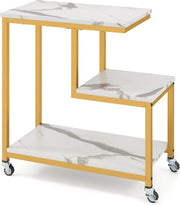 White Gold G-Shaped Sofa Side Table with Wheels | 3-Tier End Table Storage