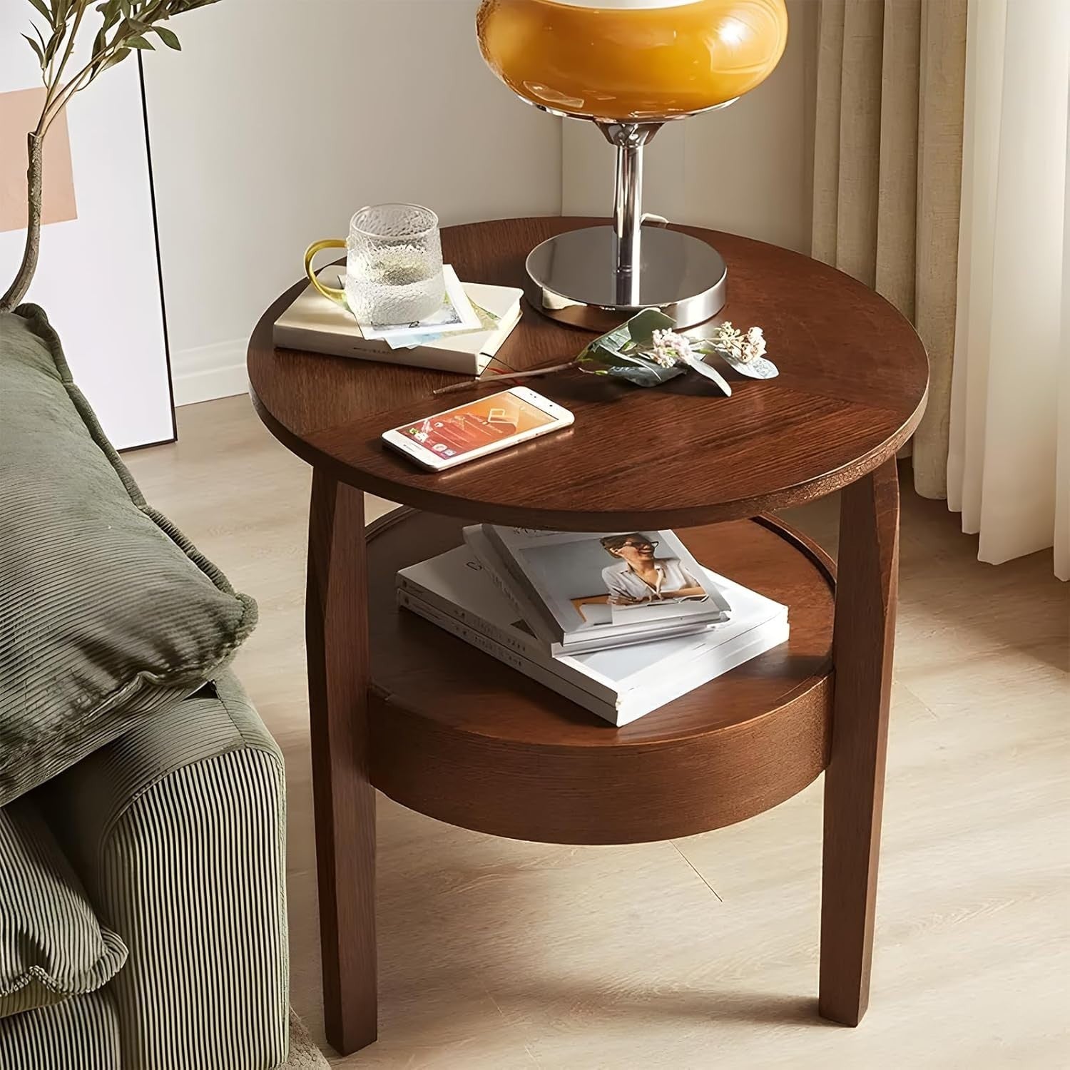 Natural Oak Round Coffee Table with Hidden Drawer – 50x40x50cm Storage