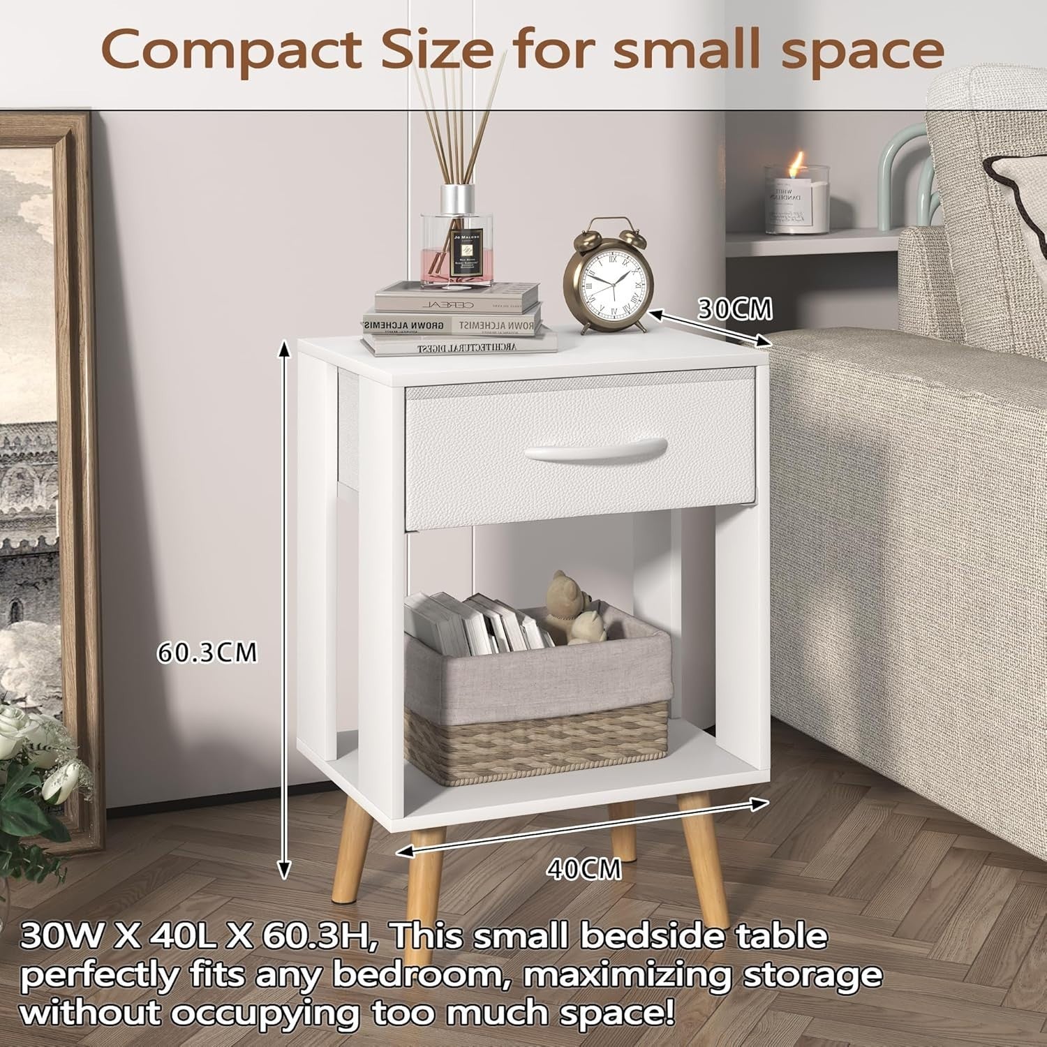 2x White Bedside Tables with Drawer & Shelf – Modern Wooden Nightstands