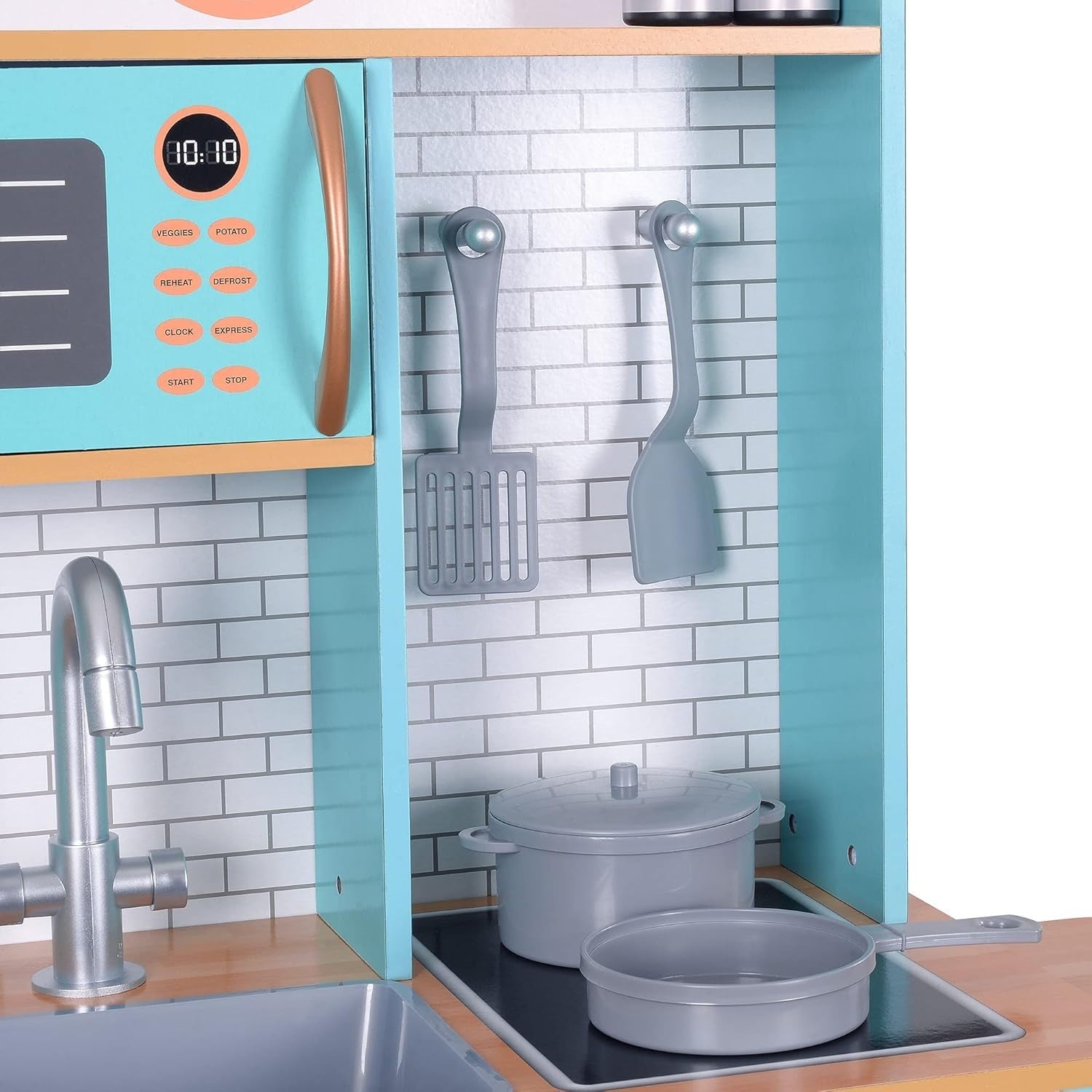 Retro Wooden Kids Play Kitchen Blue Pretend Cooking Toy Set