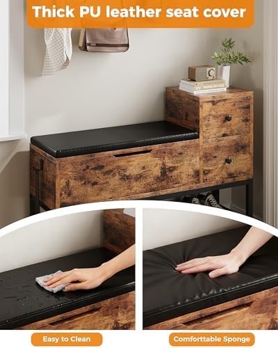 2-Tier Shoe Storage Bench with Drawers & Removable Cushion, Vintage Brown