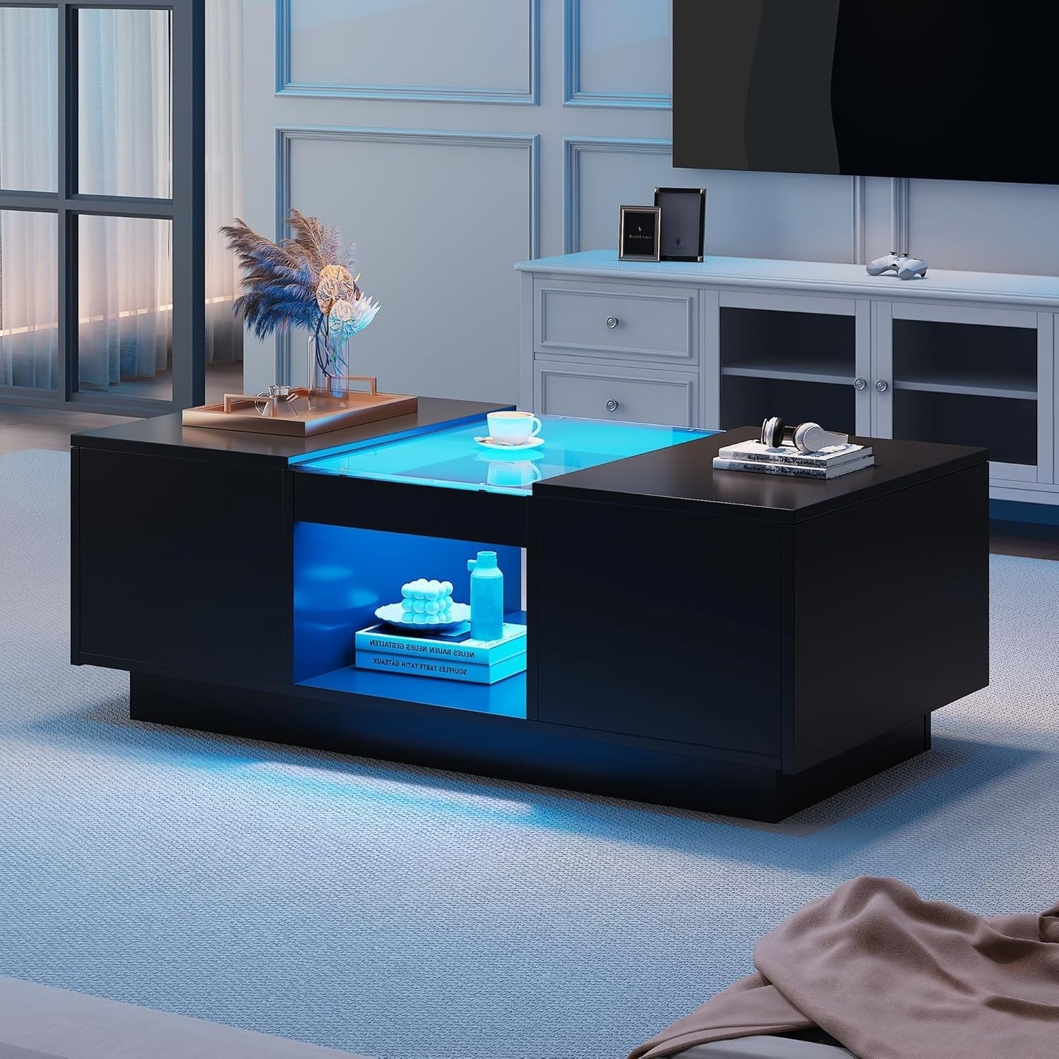 LED Coffee Table with Storage & 2 Drawers – Modern Tempered Glass, RGB Lights