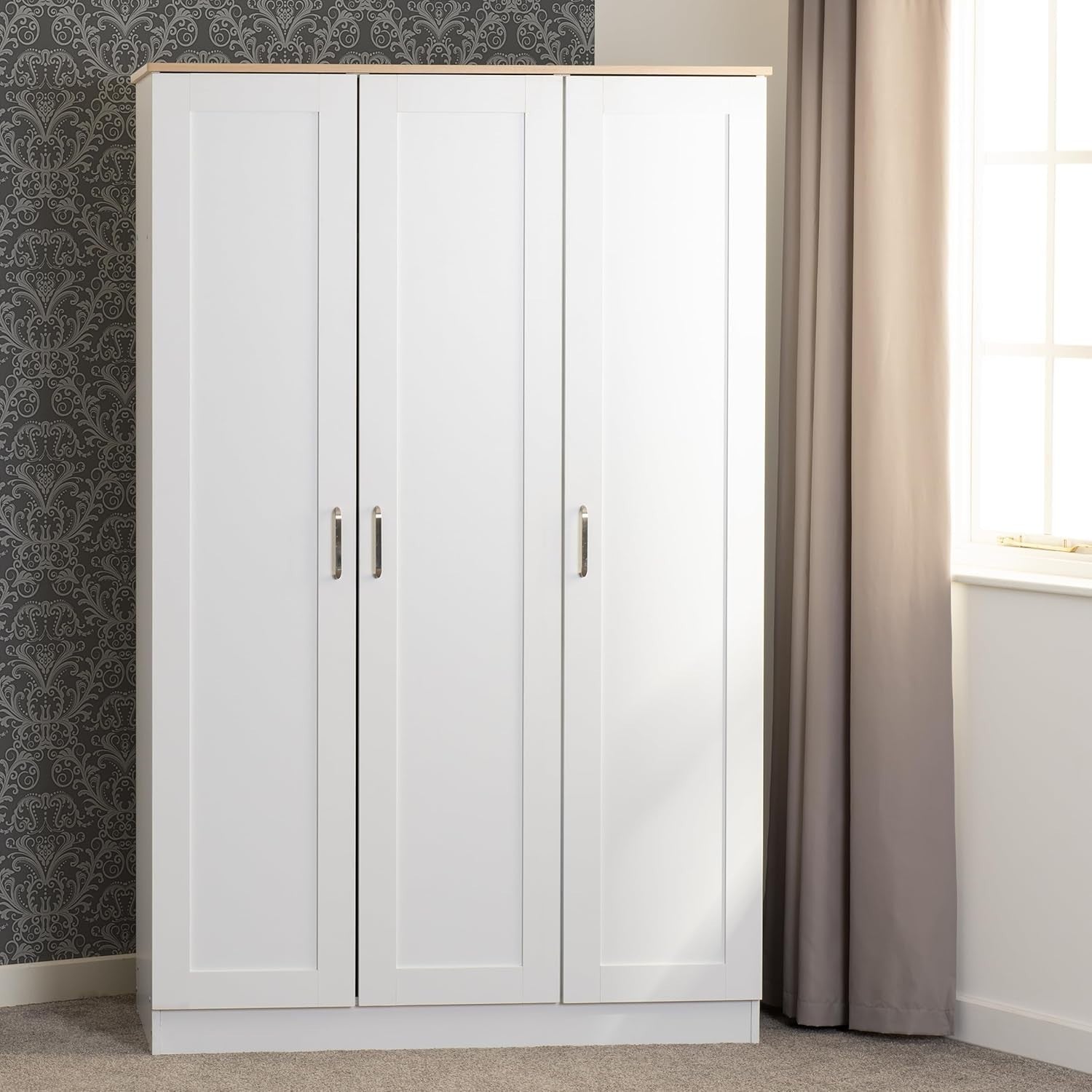 3 Door White Oak Wardrobe with Lockable Storage & Spacious Hanging Space