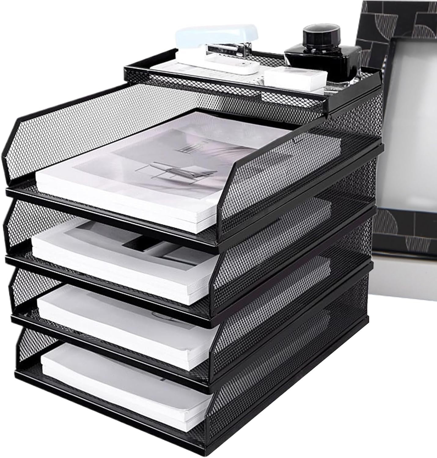 Desktop Paper Organizer Tray – Mesh Vertical Stackable File Holder for A4