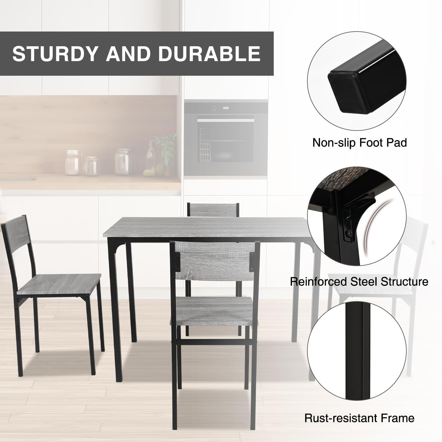 Modern Grey Dining Table Set 5-Piece, Compact Kitchen & Patio Chairs, Rustic