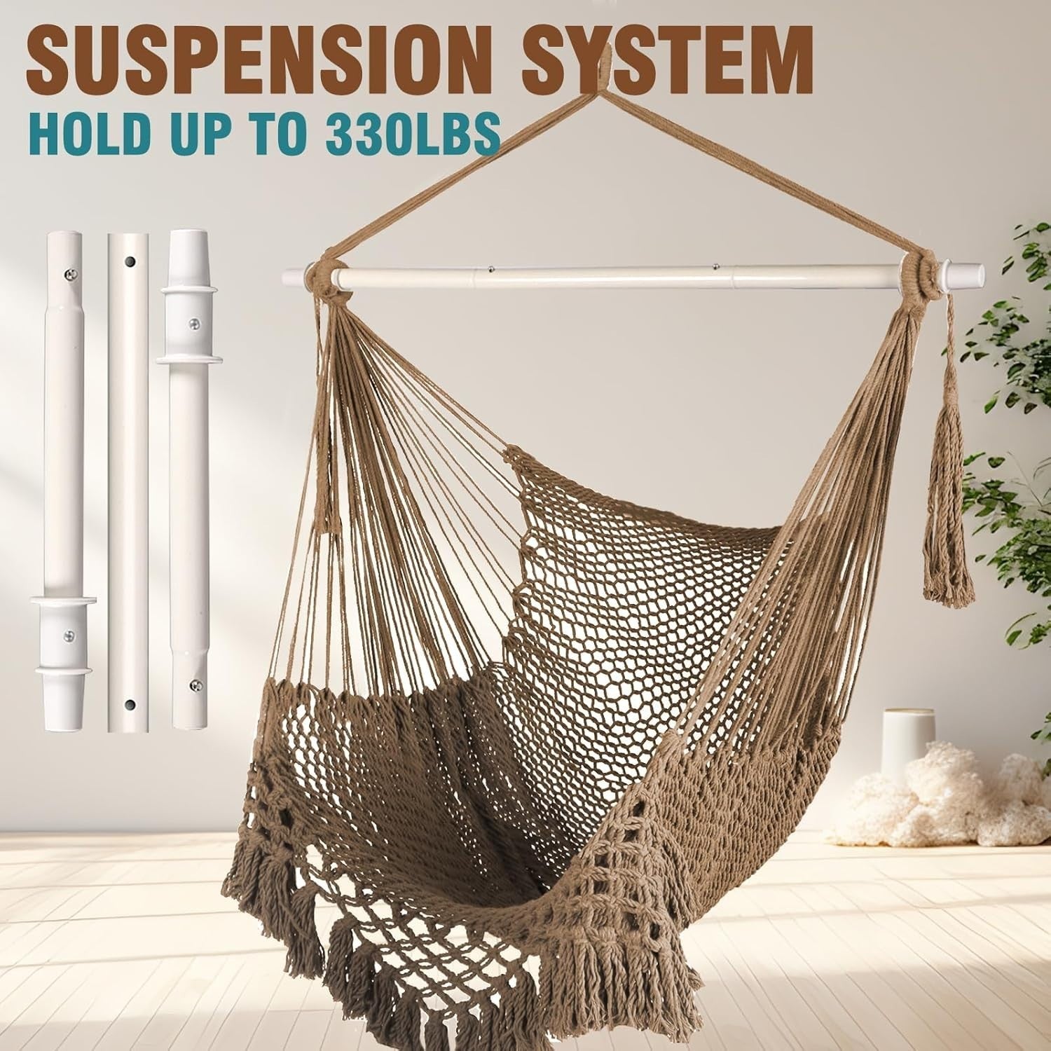 Brown Hanging Hammock Chair – Soft Cotton Mesh, Wide Seat, 120kg Max