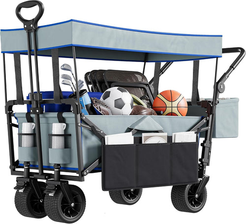 Grey Folding Beach Wagon Cart w/ Canopy Push Pull Large 220lb Capacity