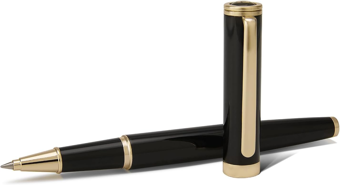 Luxury Rollerball Pen Black 24K Gold Trim Refillable Metal Rubber Model