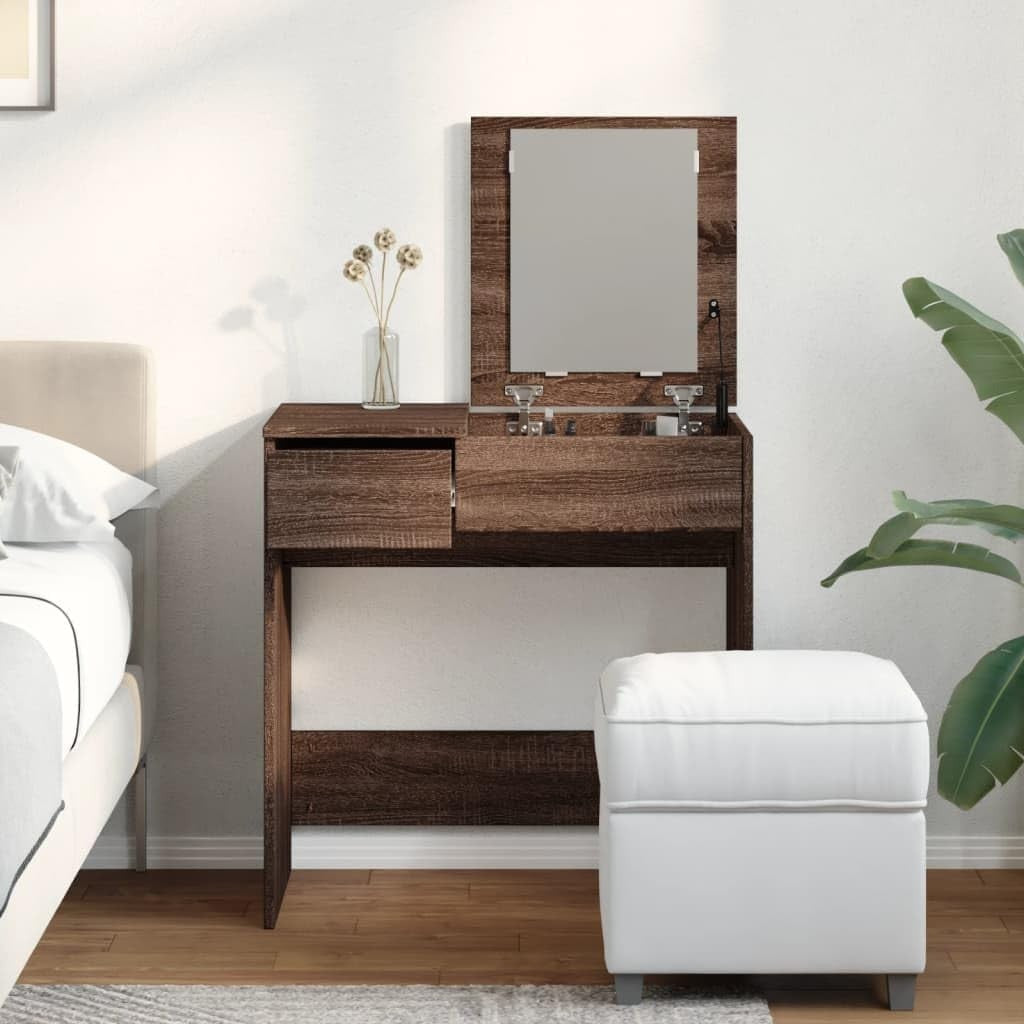 Modern Brown Oak Dressing Table Vanity Makeup Desk Mirror Storage Drawer