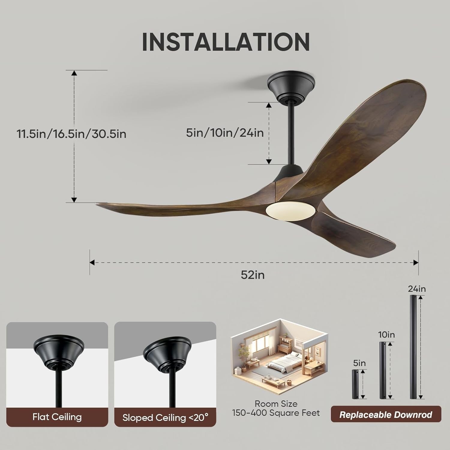 MSHENUED 52" Outdoor Ceiling Fan with Light, 3-Blade DC Motor, Black Walnut