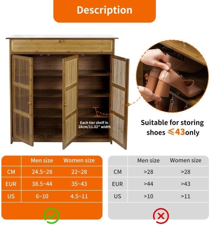 Large 4-Tier Bamboo Shoe Cabinet with Drawer & Lockable Slatted Doors, 16-18 Pai