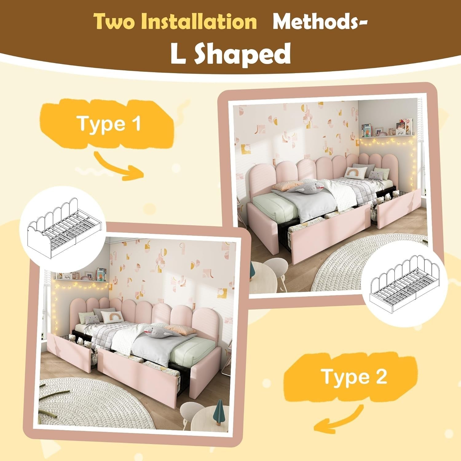 Pink Velvet Daybed Sofa Bed with Storage Drawers 3FT Single Kids Room
