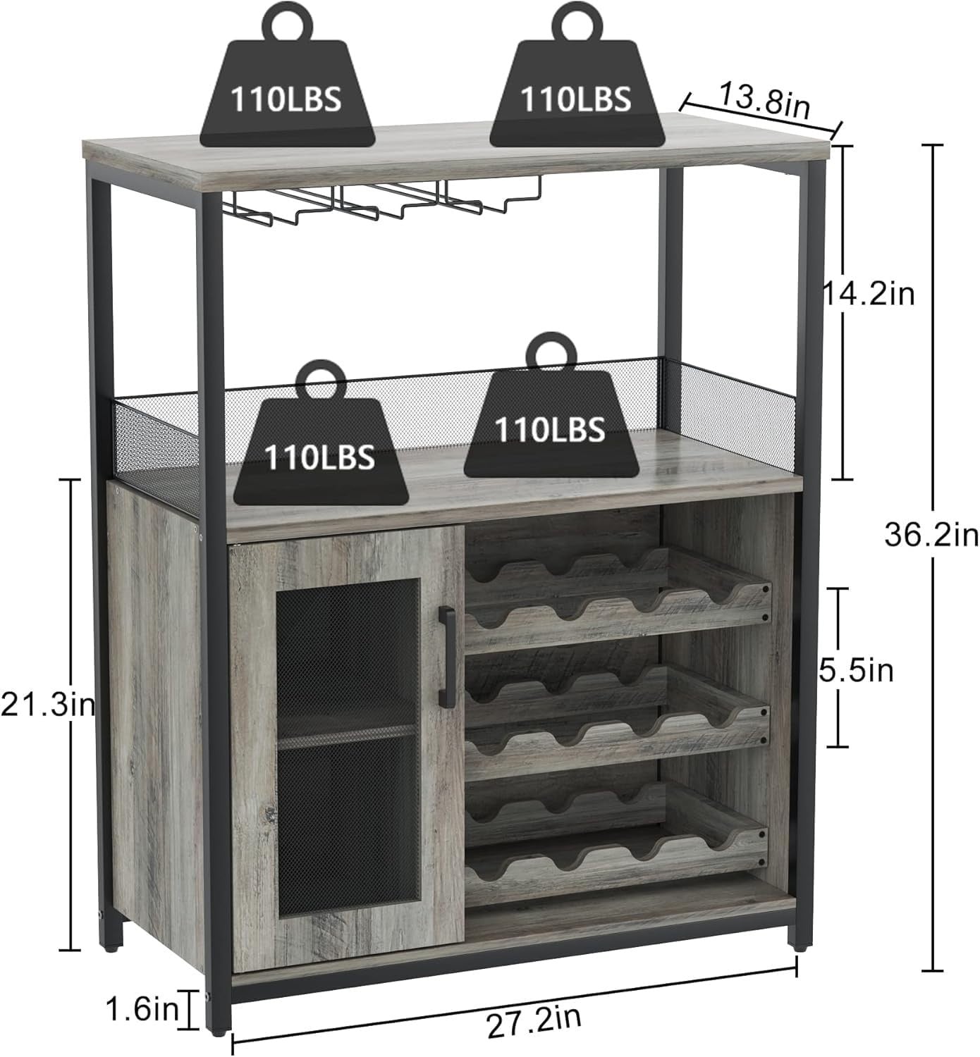 Modern 3-Tier Wine Bar Cabinet with Glass Holder & Storage Shelves for Kitchen
