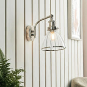 Low-Profile Polished Nickel Glass Wall Light, 23cm, Clear Shade, Modern Accent