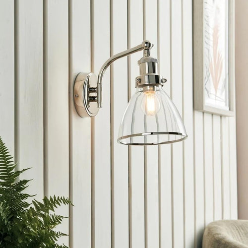 Low-Profile Polished Nickel Glass Wall Light, 23cm, Clear Shade, Modern Accent