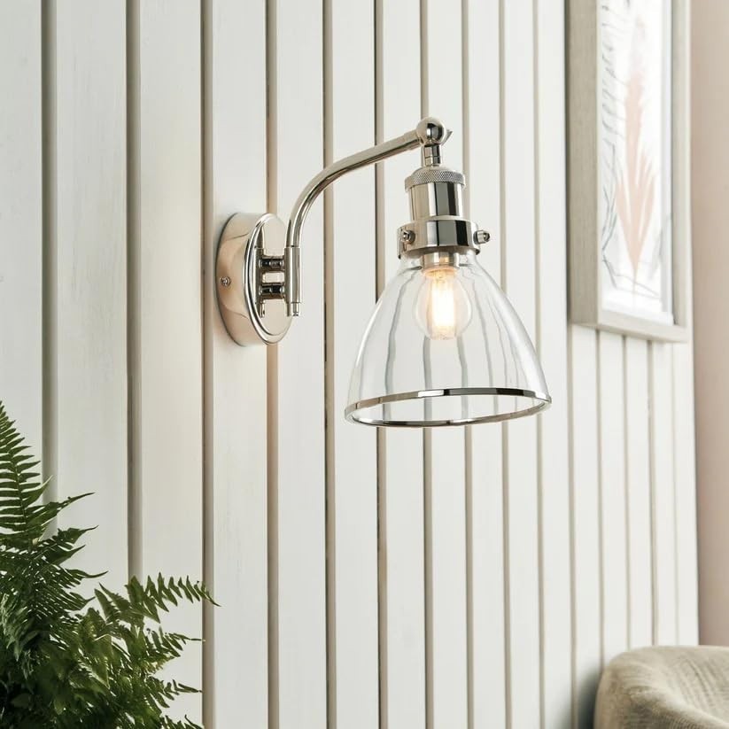 Low-Profile Polished Nickel Glass Wall Light, 23cm, Clear Shade, Modern Accent
