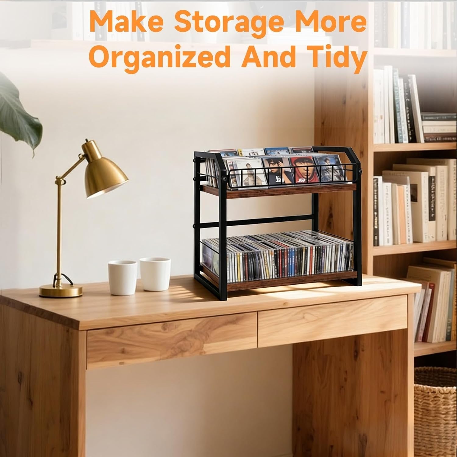 2 Tier CD DVD Storage Rack Desktop Media Organizer Holds 50 Cases Walnut