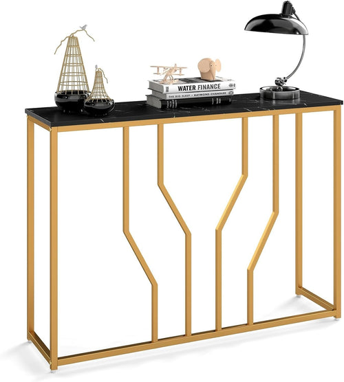 Slim Faux Marble Console Table with Anti-Tip, Metal Frame & Storage – 110cm