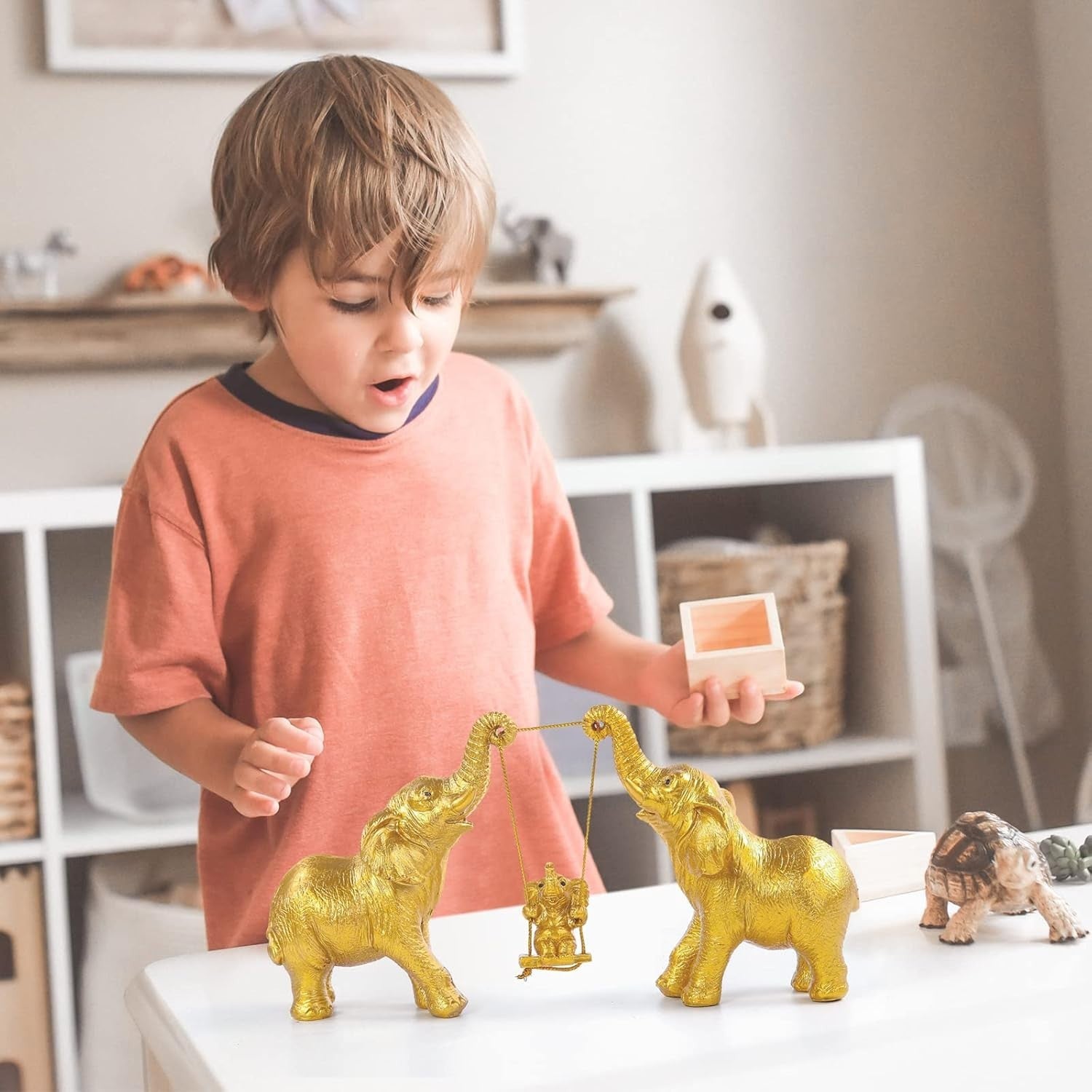 Gold Elephant Figurine Set Good Luck Resin Home Decor Centerpiece Gift