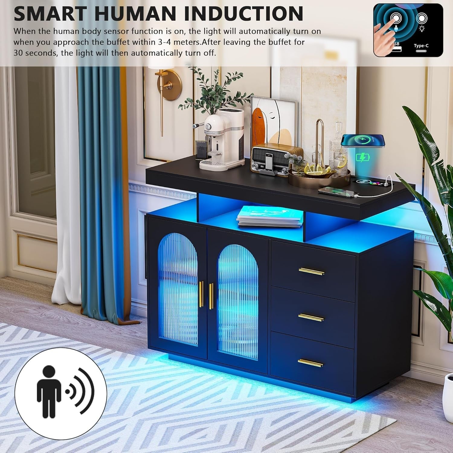 LED Sideboard Buffet with Wireless Charging, RGB Lights & USB Storage