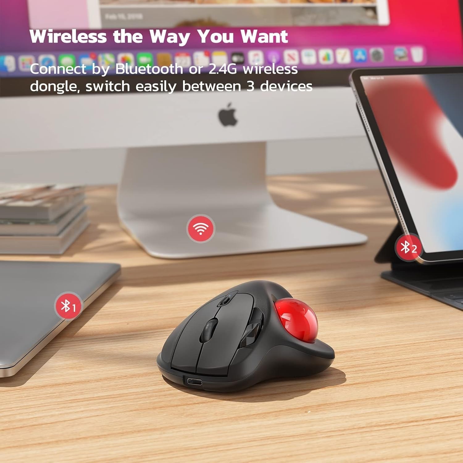 Wireless Ergonomic Trackball Mouse Rechargeable Bluetooth USB