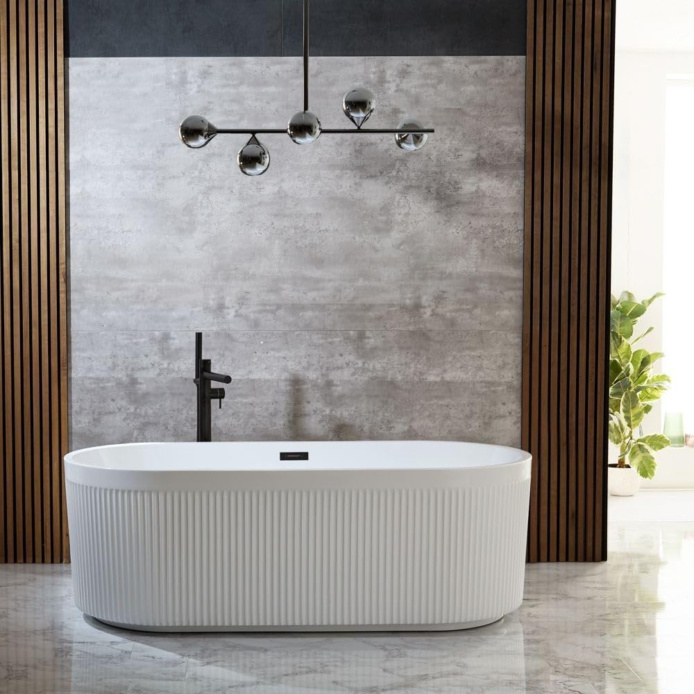 White Freestanding Double Ended Fluted Bath 1700x800mm Black Overflow