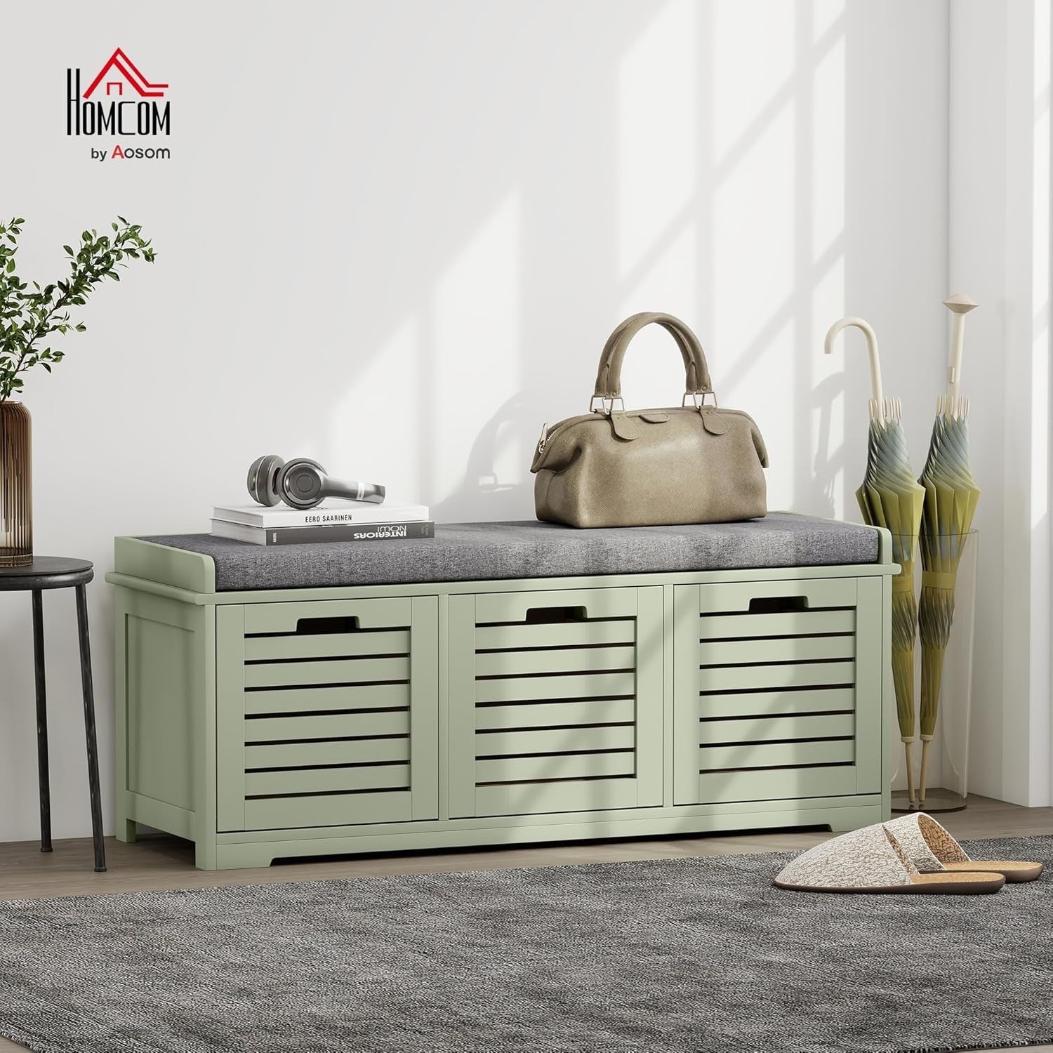 Space-Saving Shoe Storage Bench with 3 Drawers & Cushioned Seat – Green