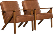 Retro Faux Leather Armchairs Set of 2, Lounge Chairs with Wood Legs