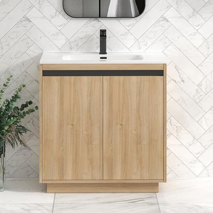 800mm Oak Floor Standing Vanity Unit with Basin Sink 2 Door Bathroom Cabinet