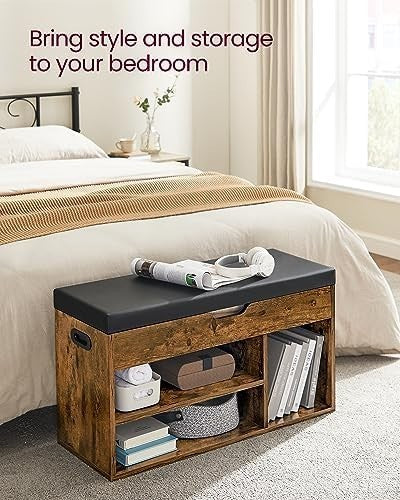 Rustic Brown Shoe Storage Bench with Cushion 3 Compartments Hidden Shelf Seat