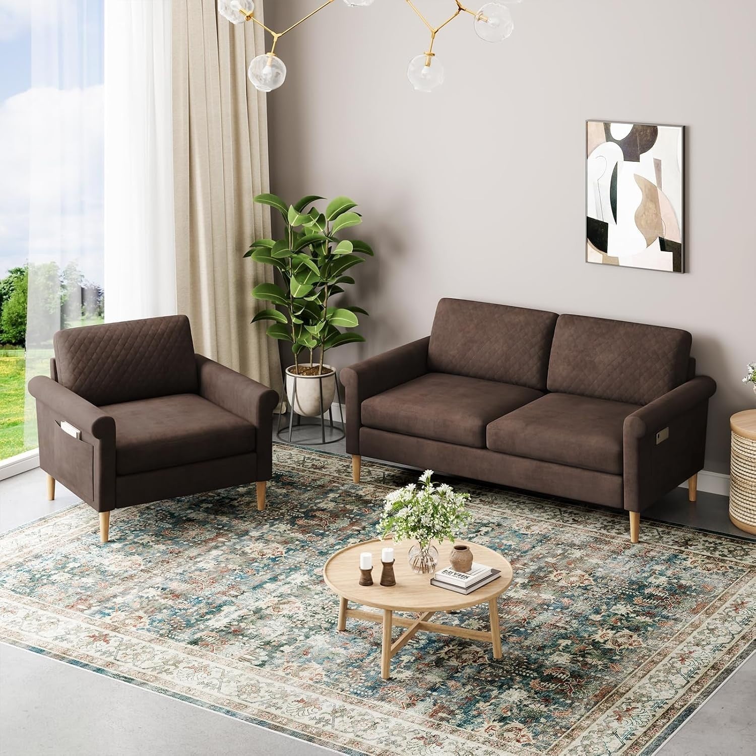 3 Seater Sofa Armchair Set Brown – Pocket Storage, Tool-Free Assembly