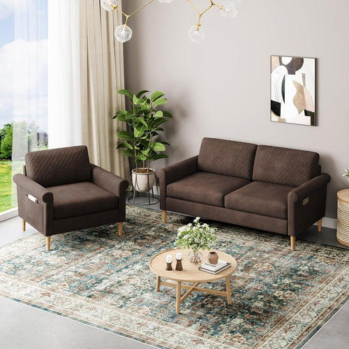 3 Seater Sofa Armchair Set Brown – Pocket Storage, Tool-Free Assembly