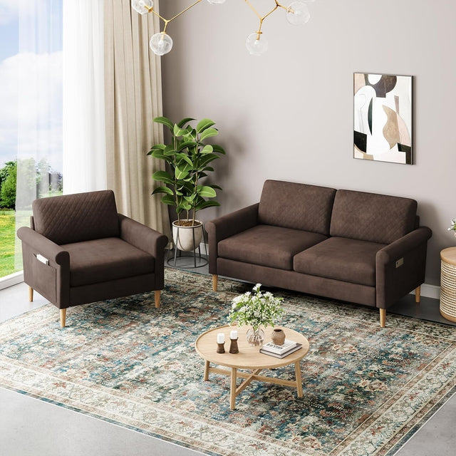3 Seater Sofa Armchair Set Brown – Pocket Storage, Tool-Free Assembly
