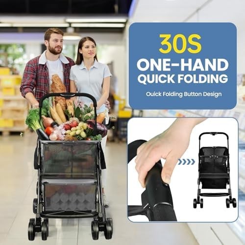 Folding Shopping Cart 80lb Collapsible Two Tier Swivel Wheel Trolley