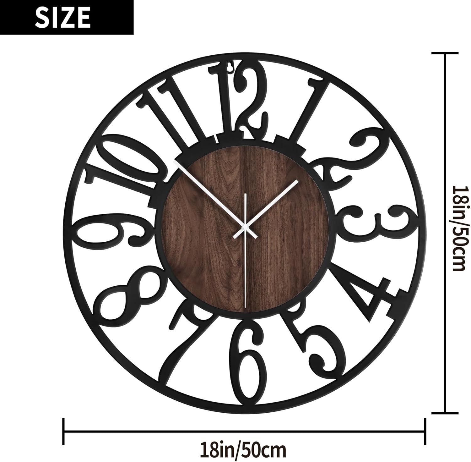20" Large Wall Clock Retro Wood & Metal Silent Arabic Numerals Modern Decor