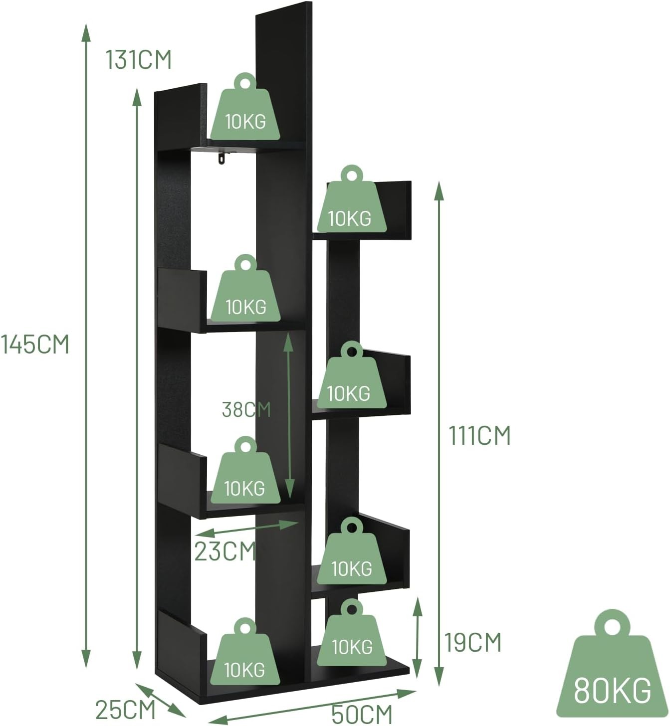 8-Tier Tree Shaped Bookcase Modern Freestanding Storage Shelf Unit Black