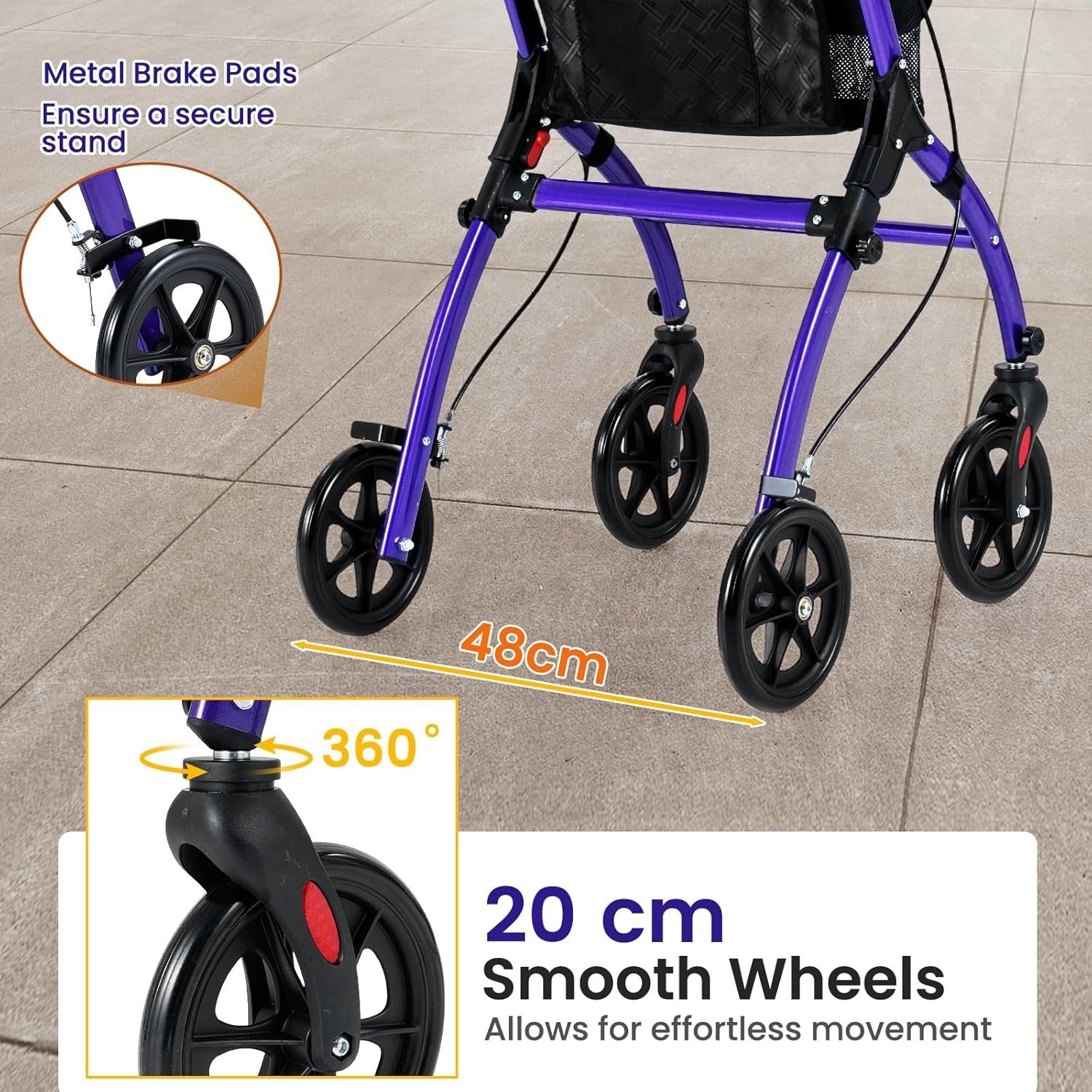 Lightweight Folding Rollator Walker 4 Wheel Basket Brakes Narrow Purple