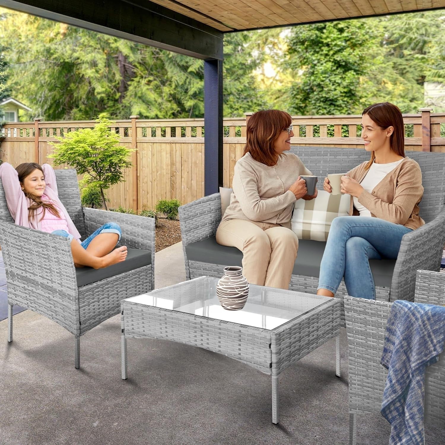 4pc Outdoor Rattan Garden Sofa Set | Stackable Patio Lounger with Table