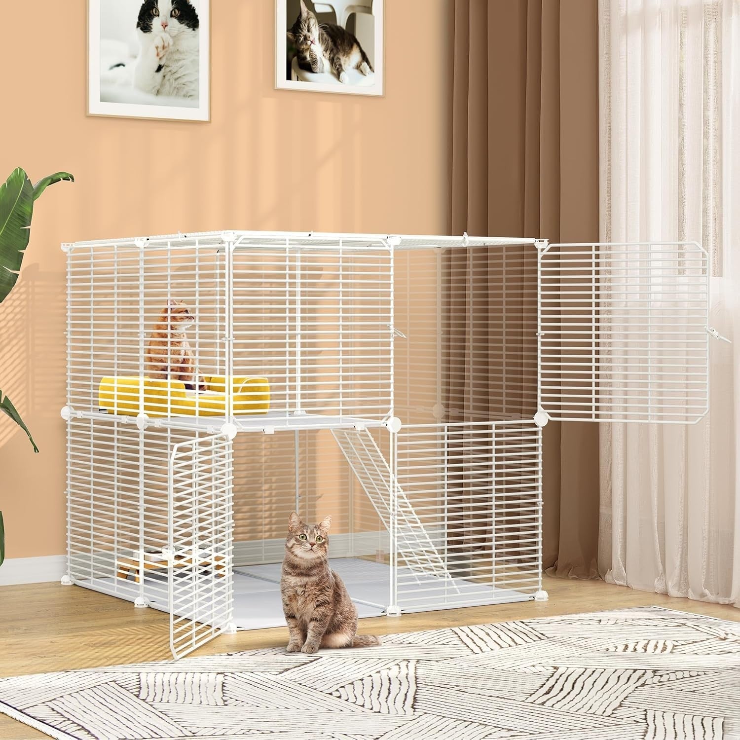 2-Tier Indoor/Outdoor Cat Cage Playpen with Ladder & 2 Doors, Sturdy Metal