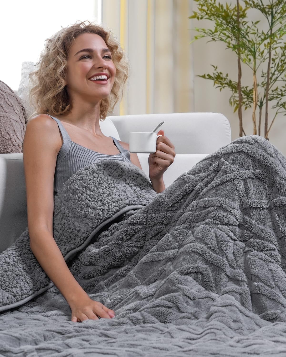 Weighted Blanket 15lb Jacquard Sherpa Cozy Sleep Aid 48x72 Grey Twin/Full