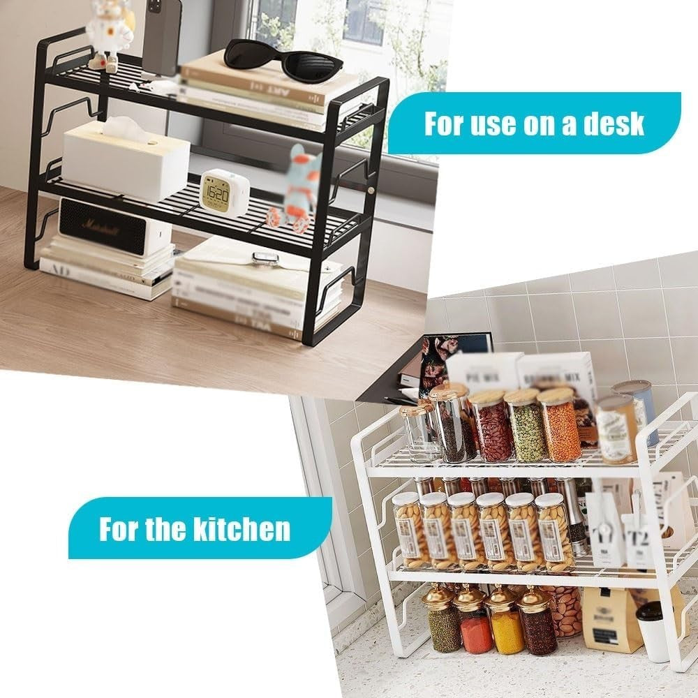 Adjustable Metal Desk Hutch Organizer | Black 2-Tier Desktop Shelf 50cm