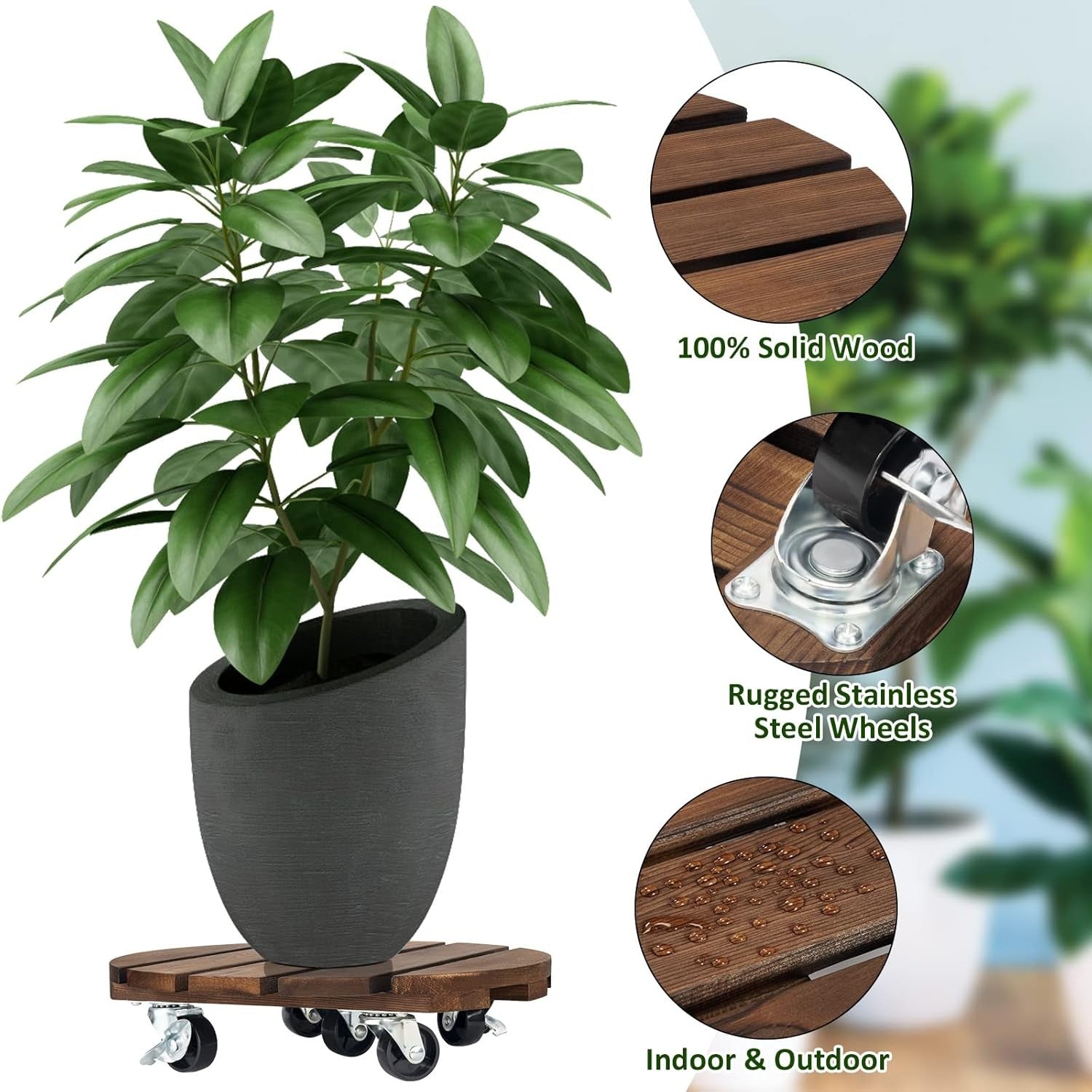 2 Pack Wood Plant Caddy with Wheels, 12" Rolling Flower Pot Stand Indoor Outdoor