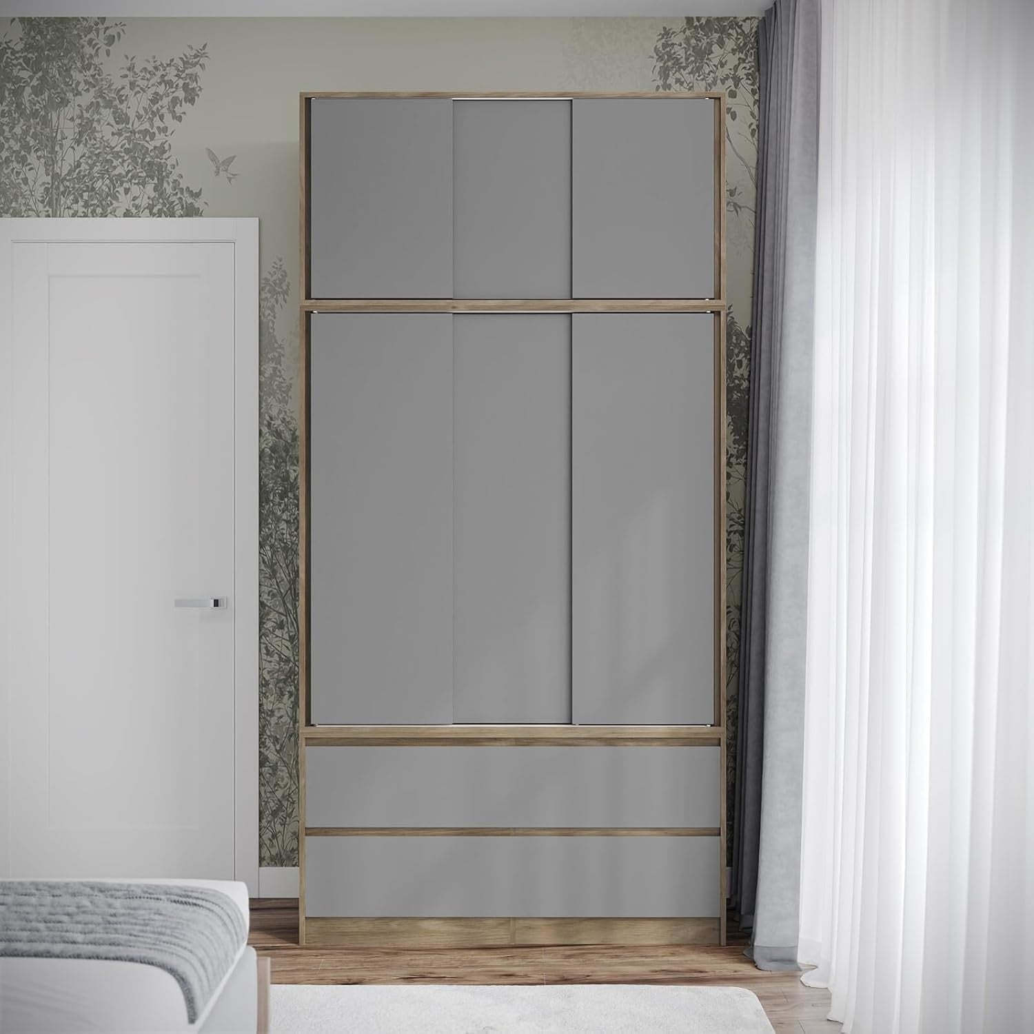 240cm Sliding Wardrobe Grey Doors 6 Door 4 Drawer Closet Storage Unit