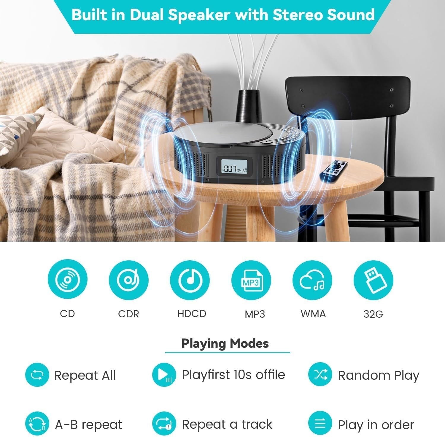 Rechargeable Bluetooth CD Player FM Radio USB AUX Stereo Speakers